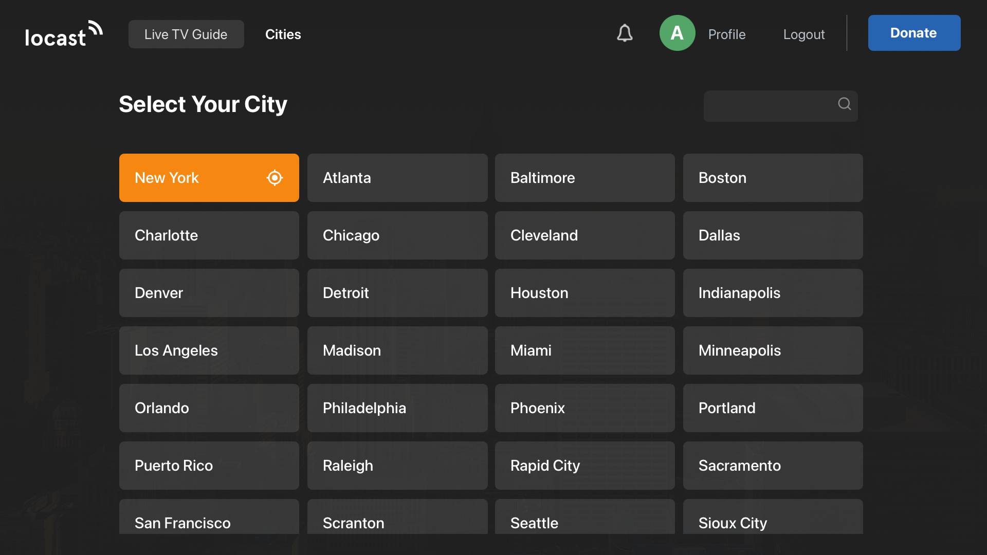 Locast Apple TV — DMA city picker