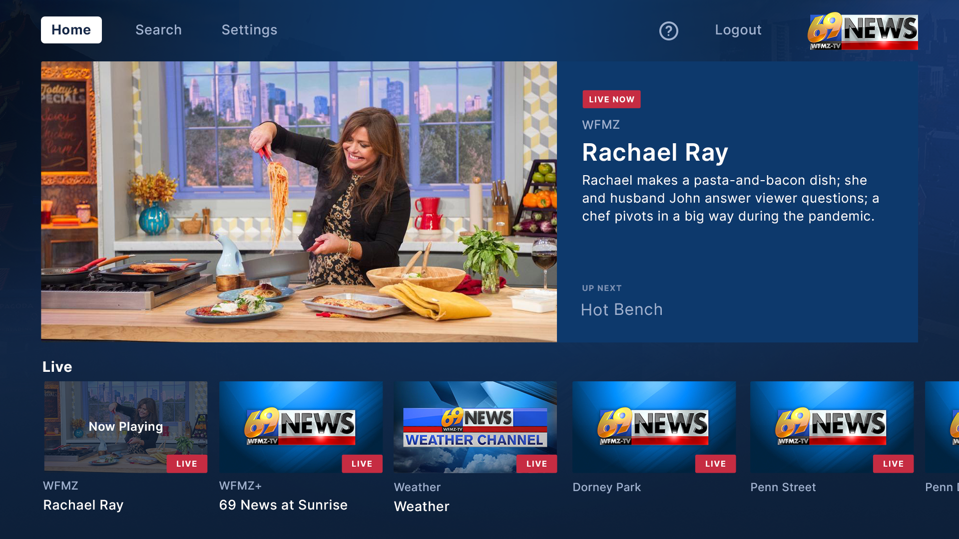 WFMZ+ Apple TV home screen with live-now hero and channel tiles