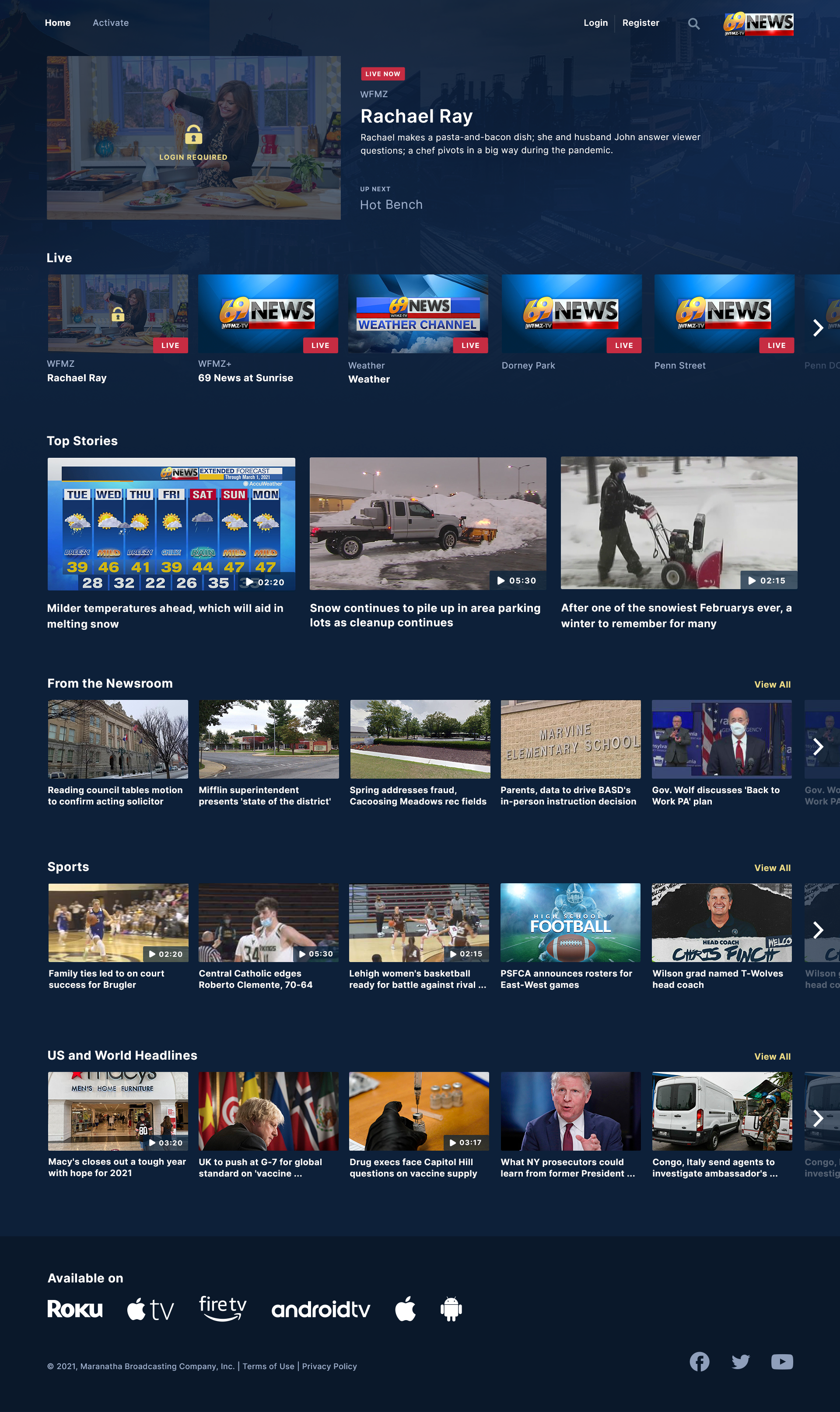 WFMZ+ web home page with live tiles, top stories, and news rails